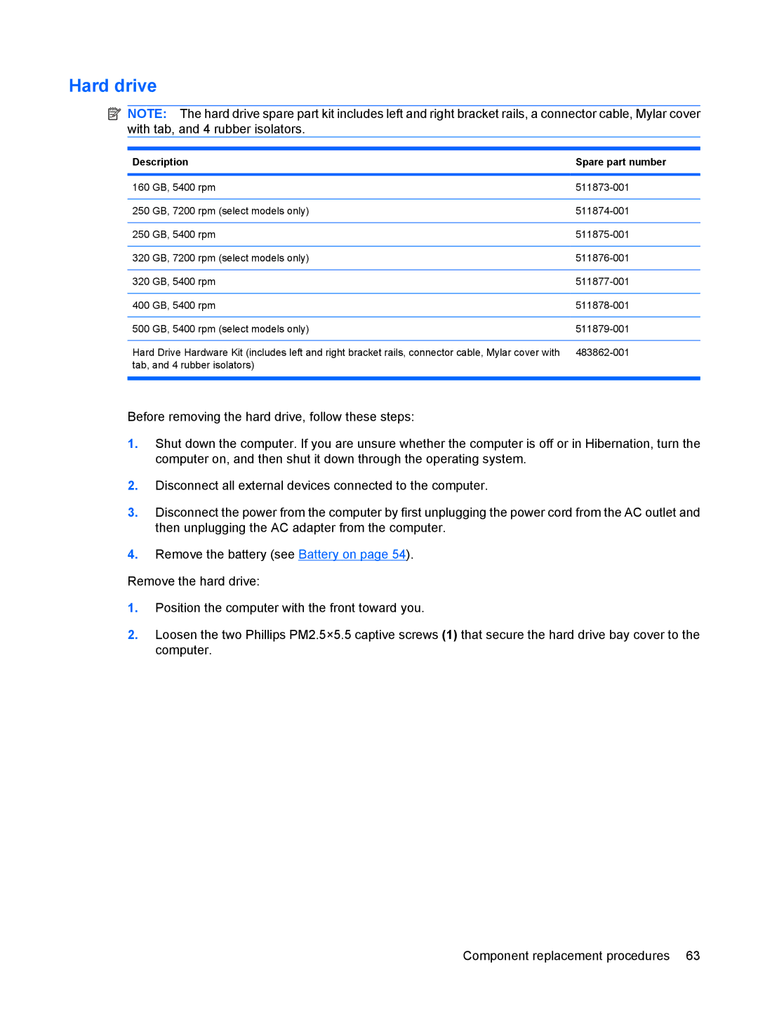 HP DV6 manual Hard drive 