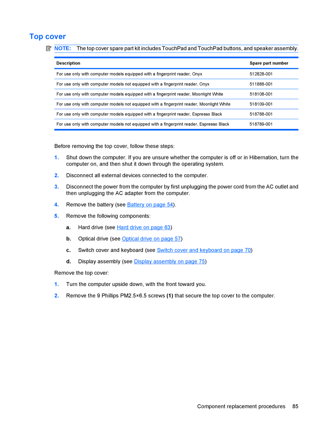 HP DV6 manual Top cover, Description Spare part number 