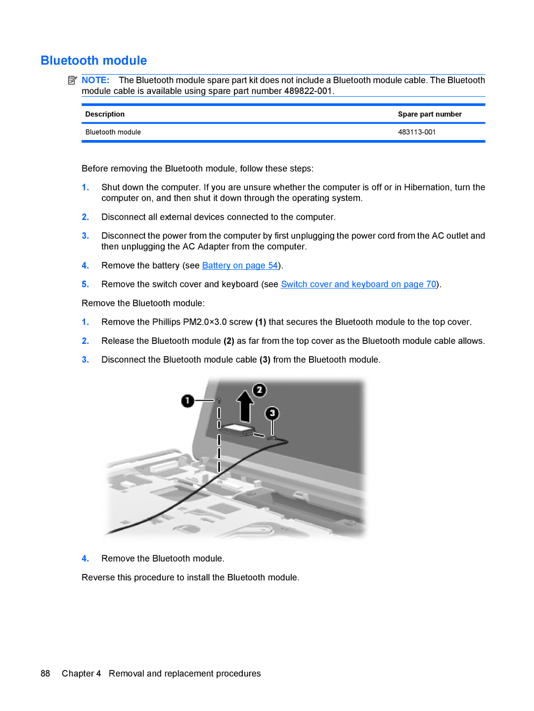 HP DV6 manual Description Spare part number Bluetooth module 483113-001 