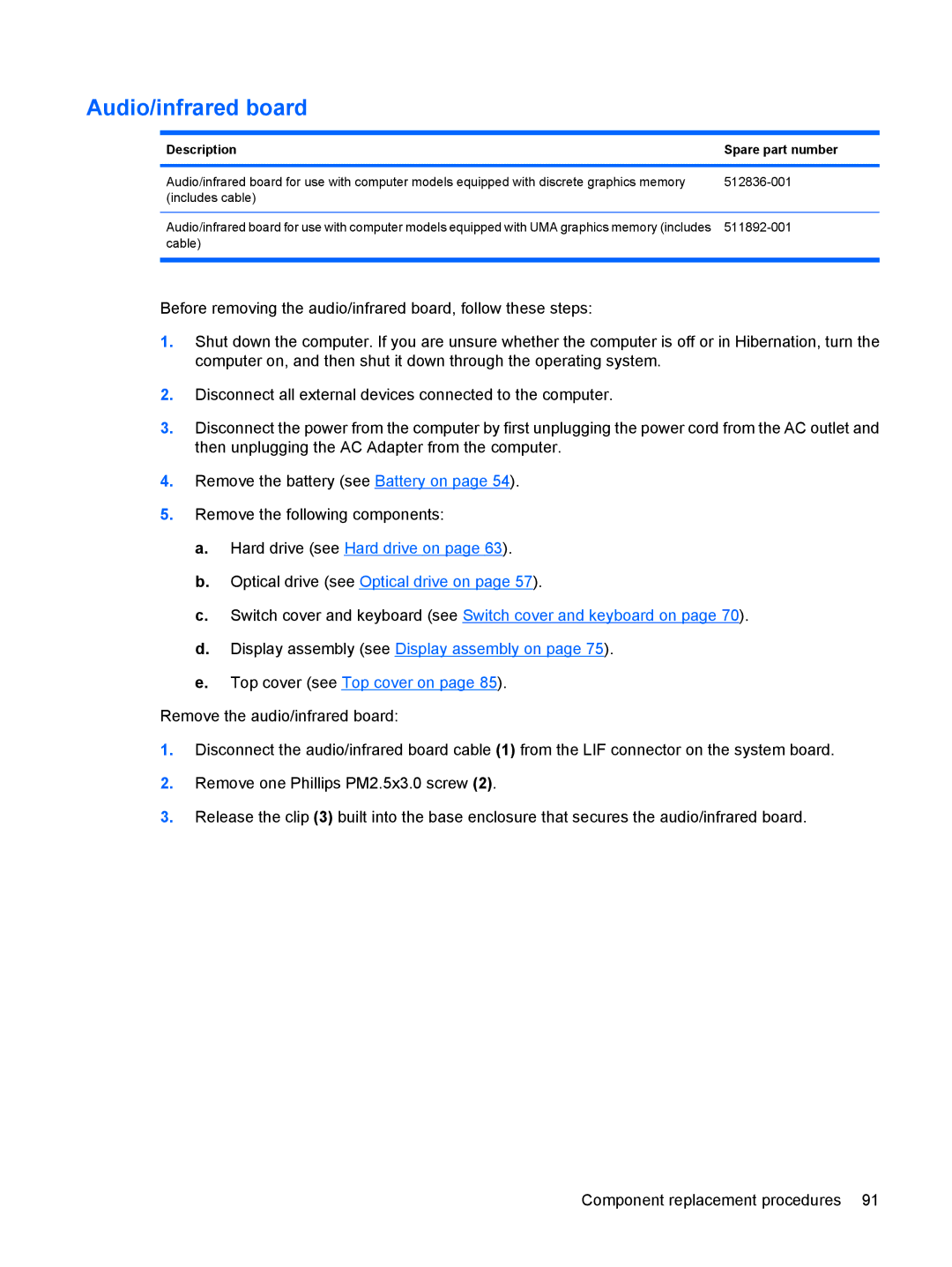 HP DV6 manual Audio/infrared board 