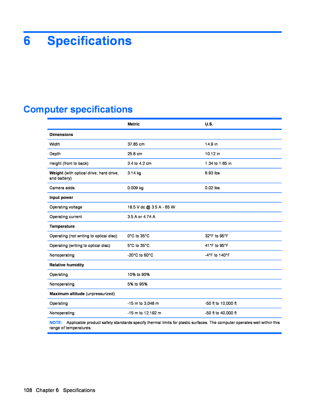HP DV6 manual Specifications, Computer specifications 