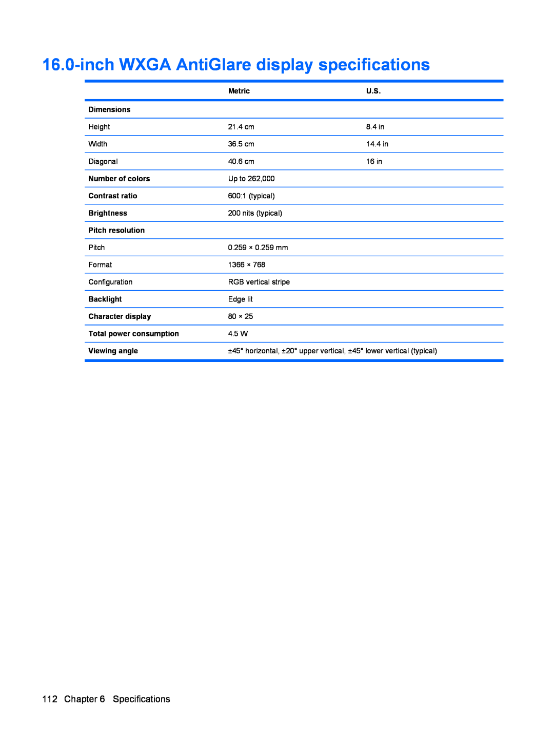 HP DV6 manual inch WXGA AntiGlare display specifications, Specifications 