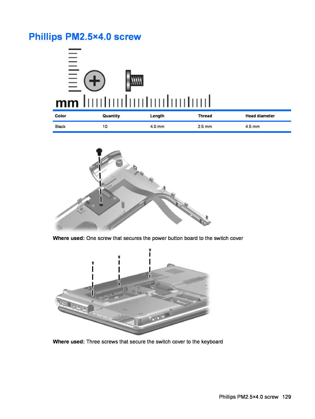 HP DV6 manual Phillips PM2.5×4.0 screw, Where used Three screws that secure the switch cover to the keyboard 