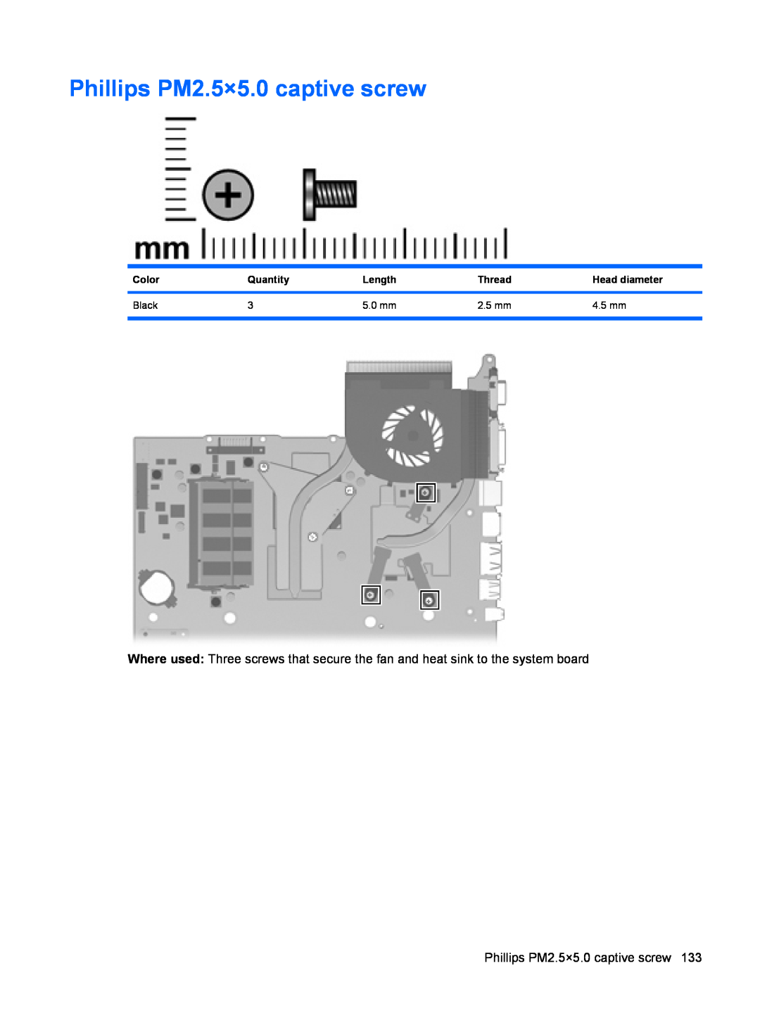 HP DV6 manual Phillips PM2.5×5.0 captive screw 