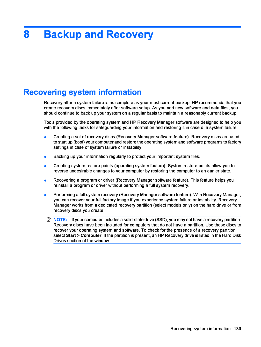 HP DV6 manual Backup and Recovery, Recovering system information 