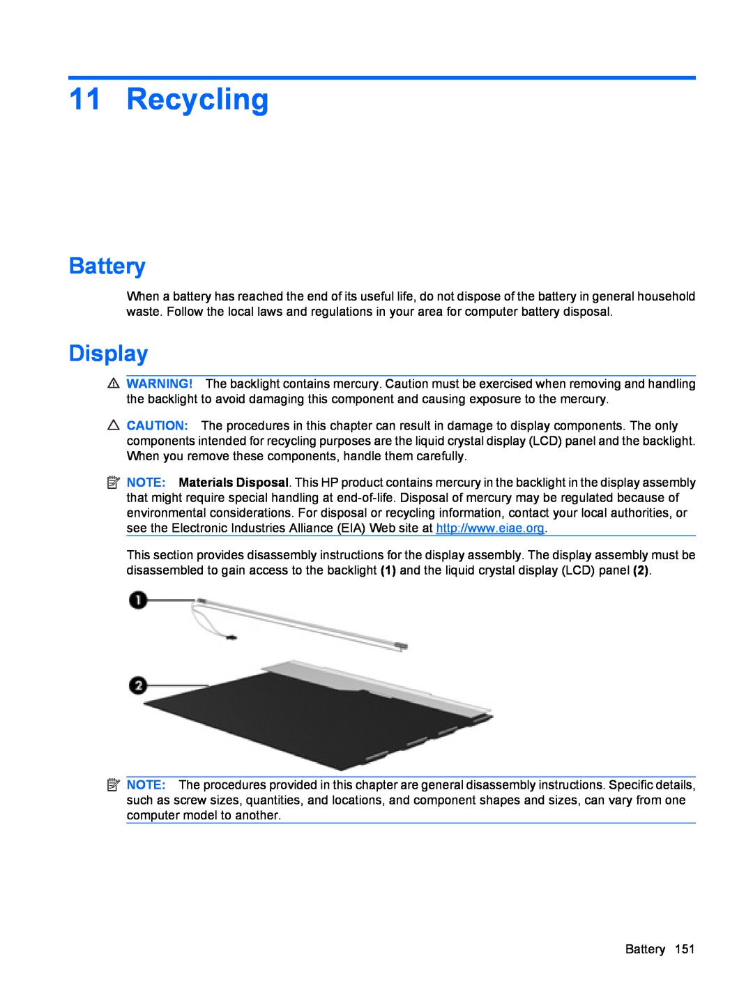 HP DV6 manual Recycling, Battery, Display 