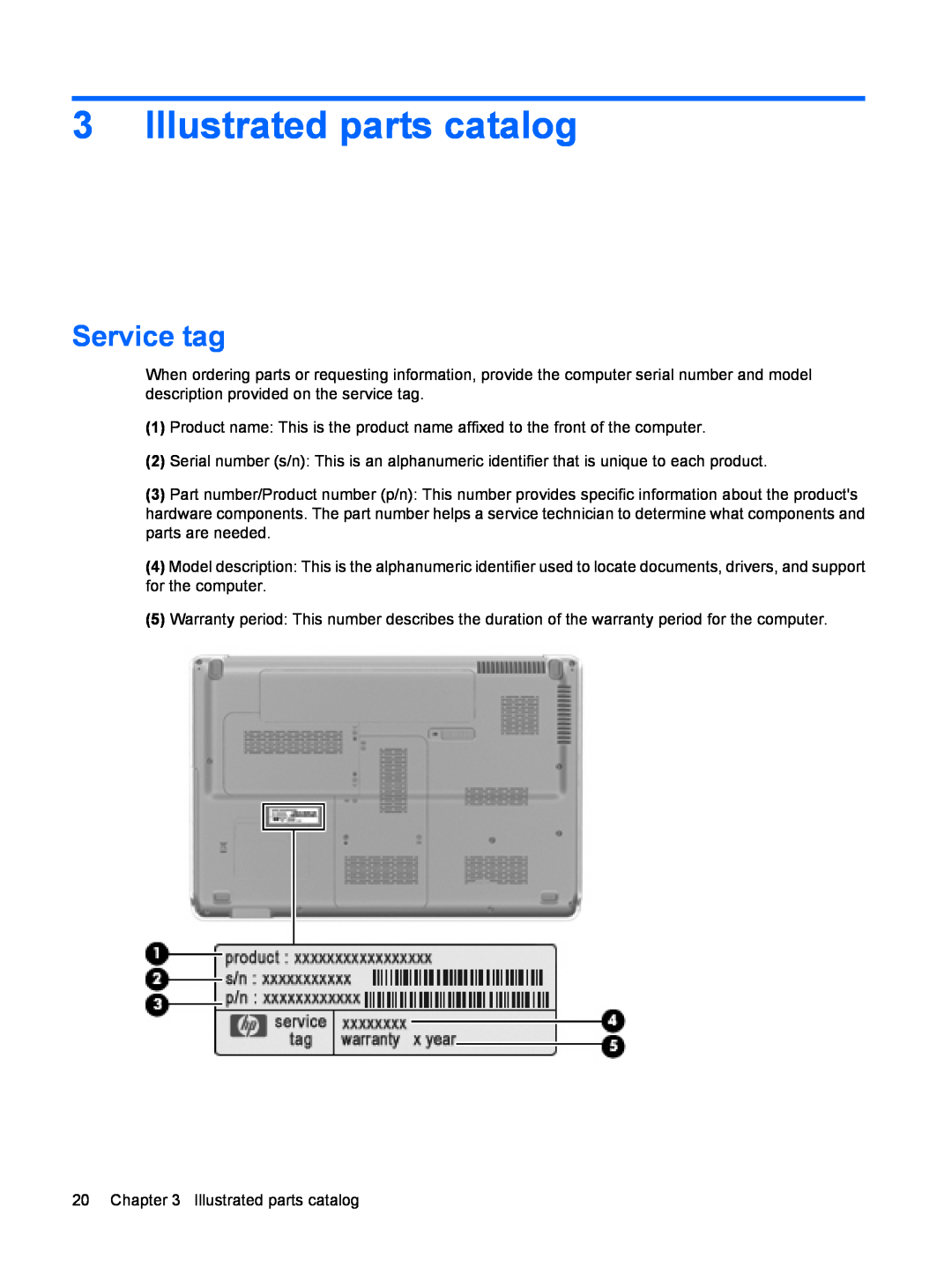 HP DV6 manual Illustrated parts catalog, Service tag 