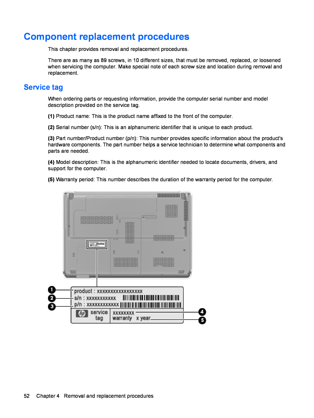 HP DV6 manual Component replacement procedures, Service tag 