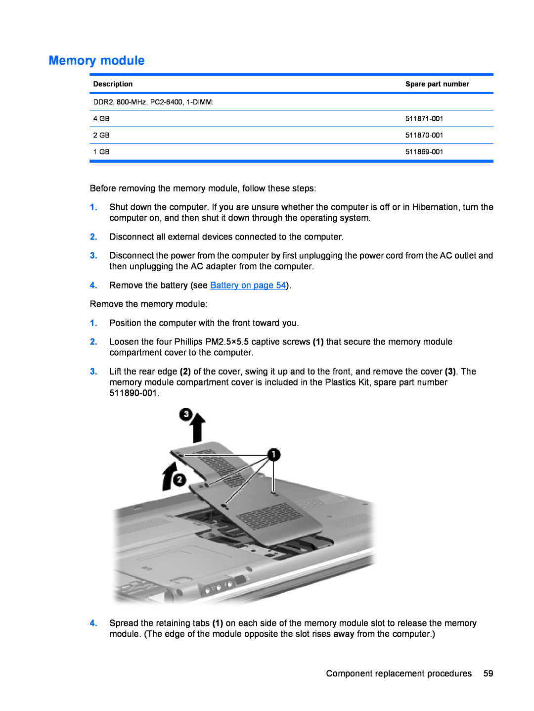 HP DV6 manual Memory module 