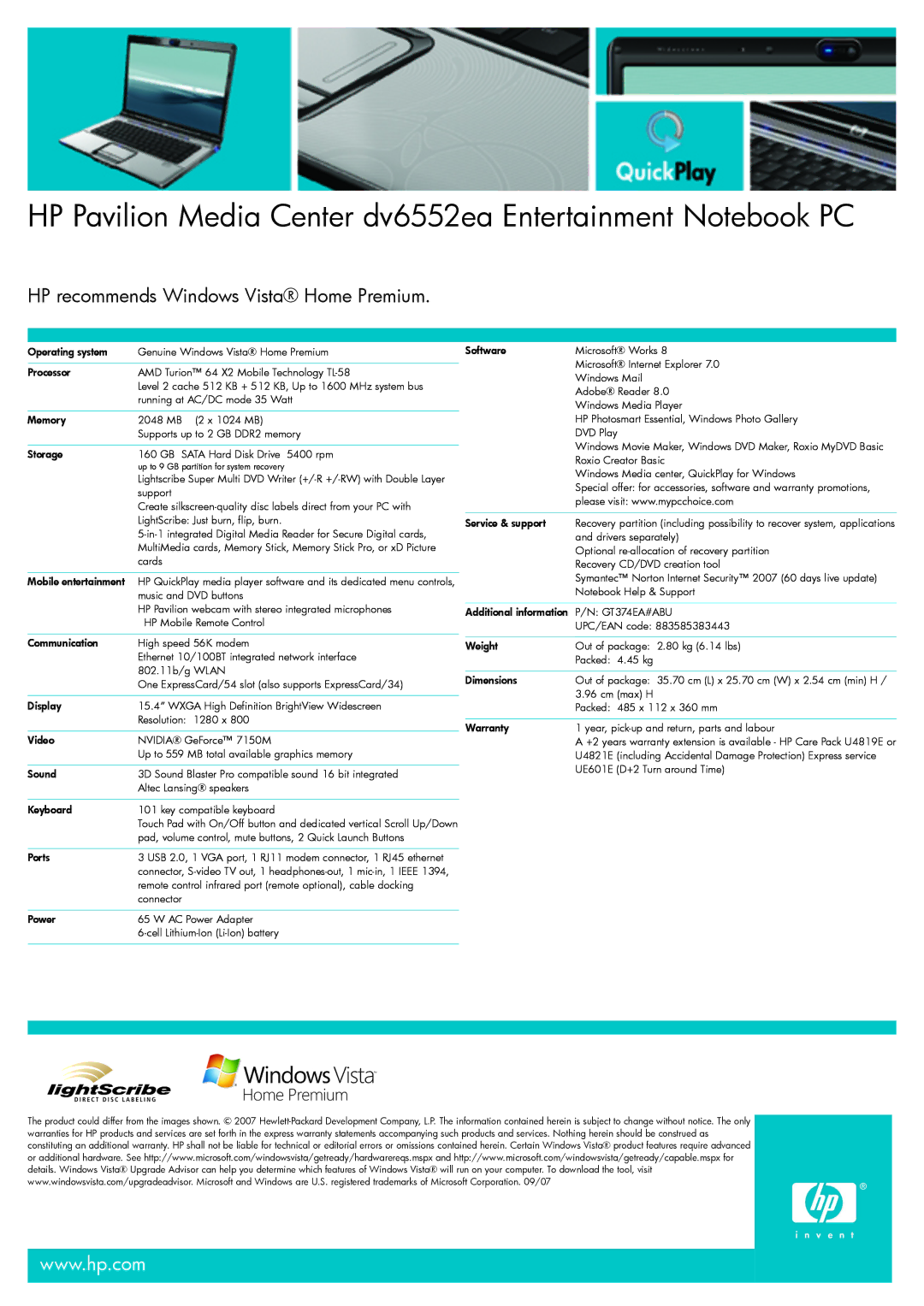 HP manual HP Pavilion Media Center dv6552ea Entertainment Notebook PC, GT374EA#ABU 