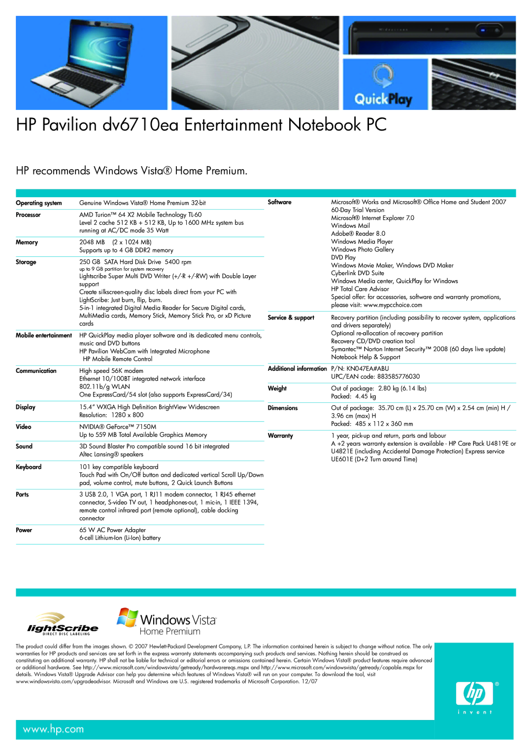 HP DV6710EA manual HP Pavilion dv6710ea Entertainment Notebook PC, KN047EA#ABU 