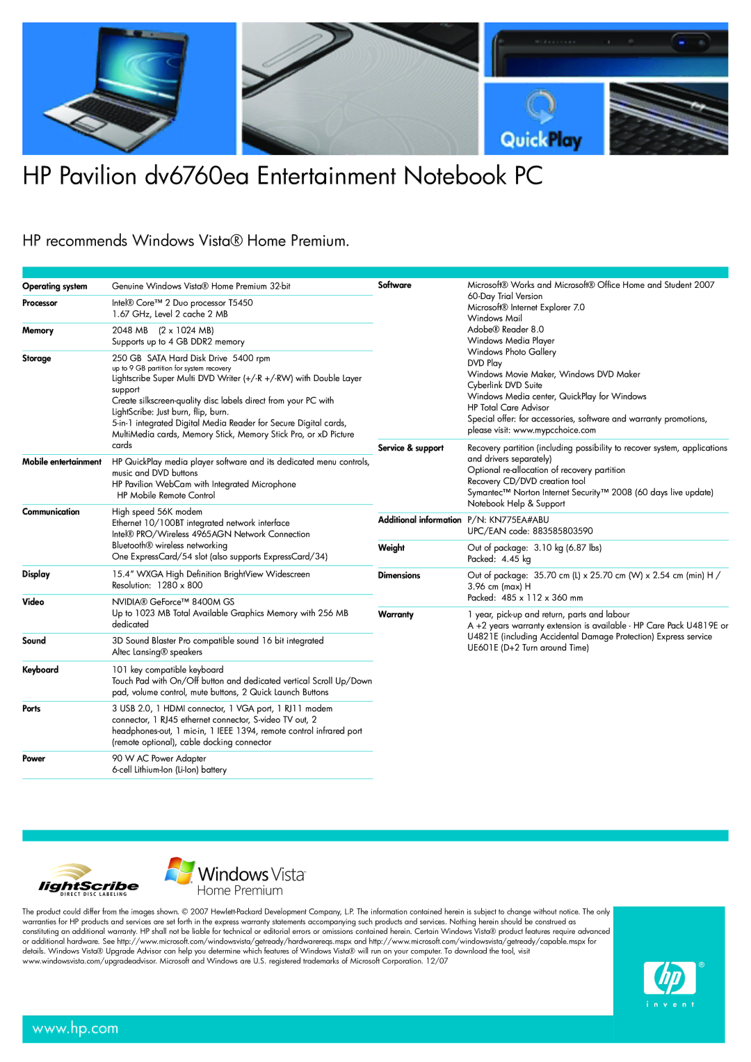 HP manual HP Pavilion dv6760ea Entertainment Notebook PC, KN775EA#ABU 