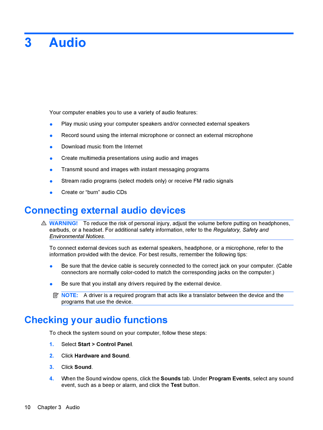 HP DV7-3173NR manual Audio, Connecting external audio devices, Checking your audio functions 