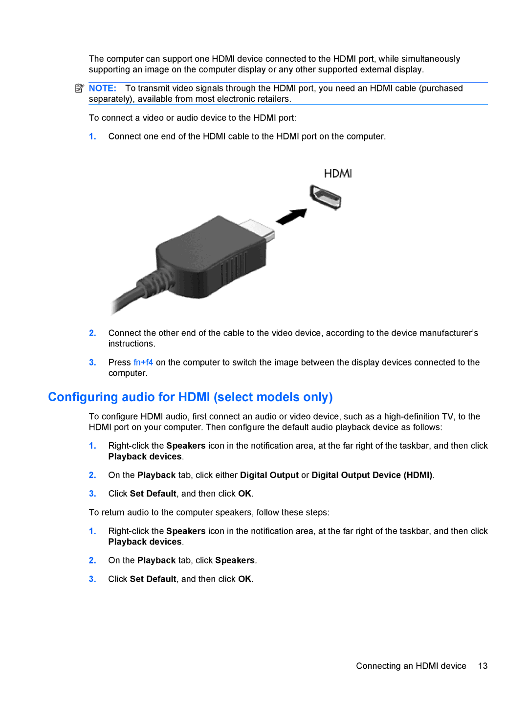 HP DV7-3173NR manual Configuring audio for Hdmi select models only 