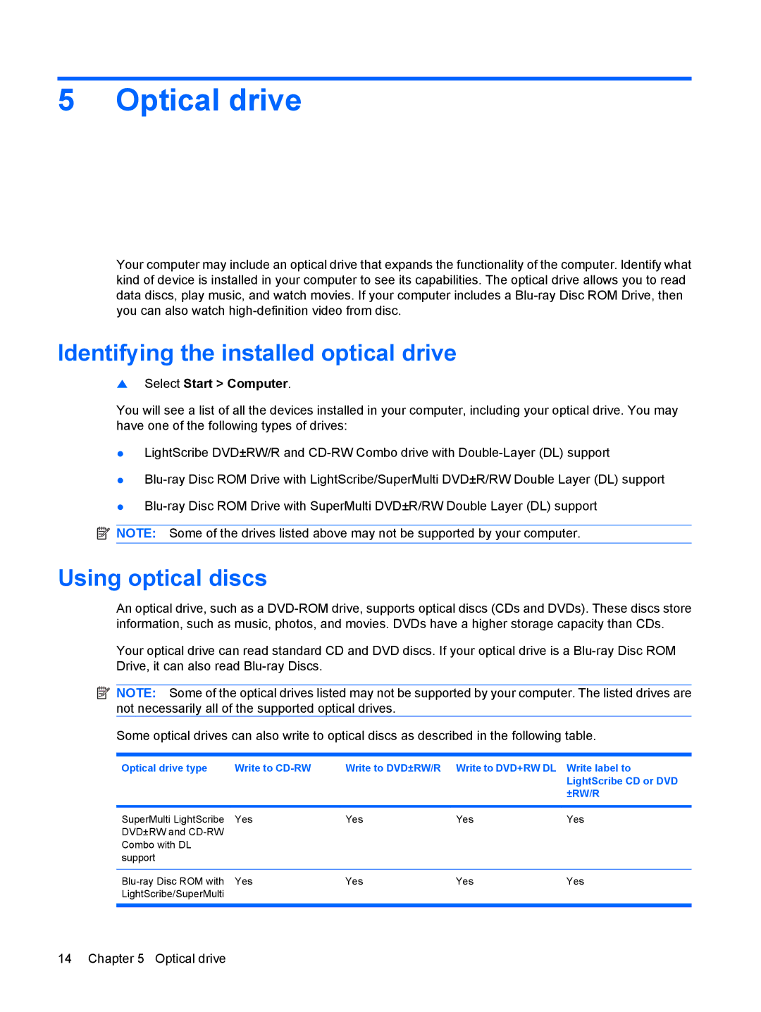 HP DV7-3173NR manual Optical drive, Identifying the installed optical drive, Using optical discs 