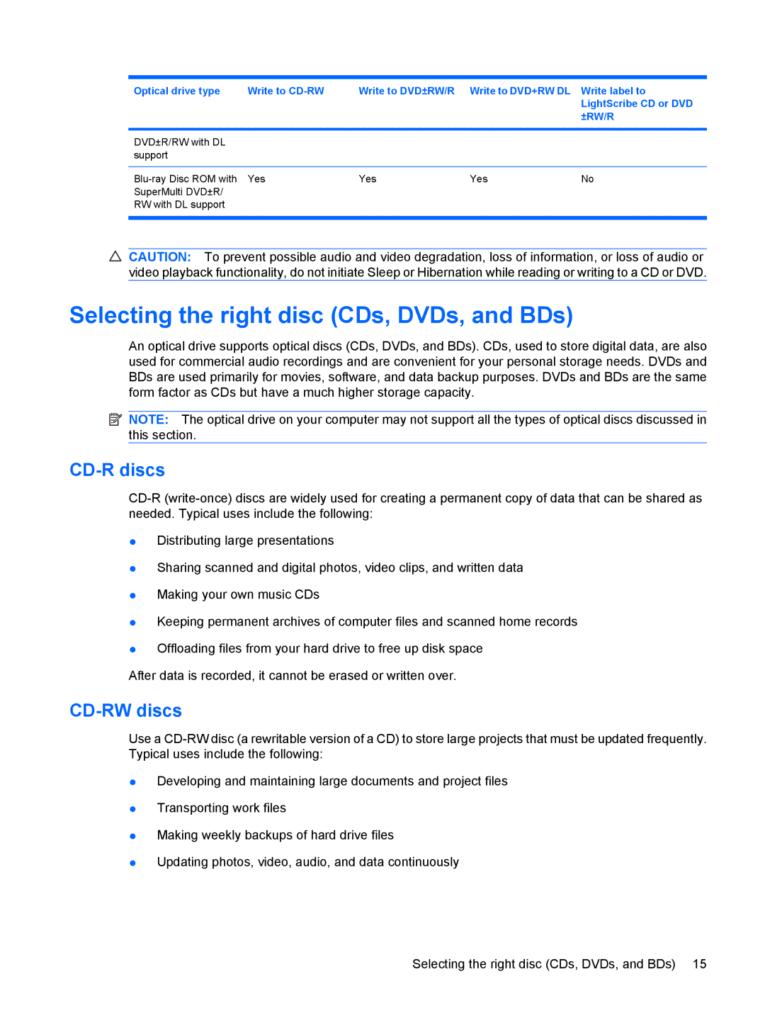 HP DV7-3173NR manual Selecting the right disc CDs, DVDs, and BDs, CD-R discs, CD-RW discs 