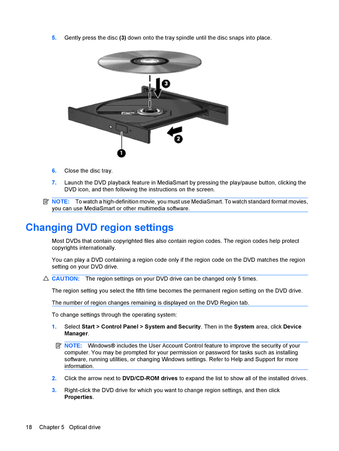 HP DV7-3173NR manual Changing DVD region settings 