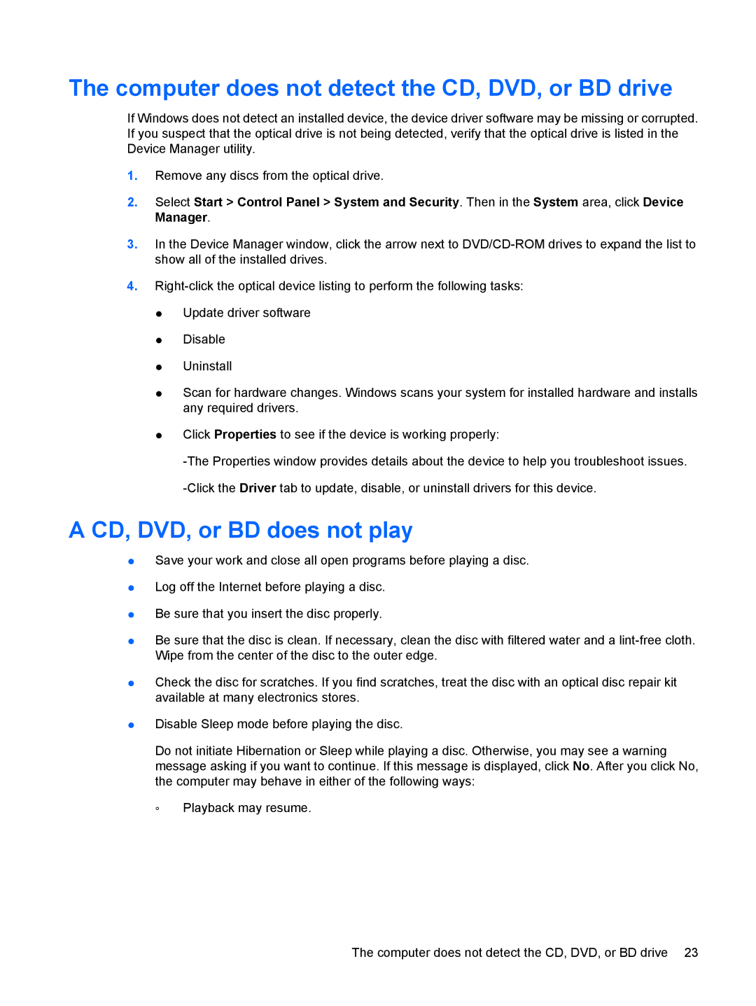 HP DV7-3173NR manual Computer does not detect the CD, DVD, or BD drive, CD, DVD, or BD does not play 