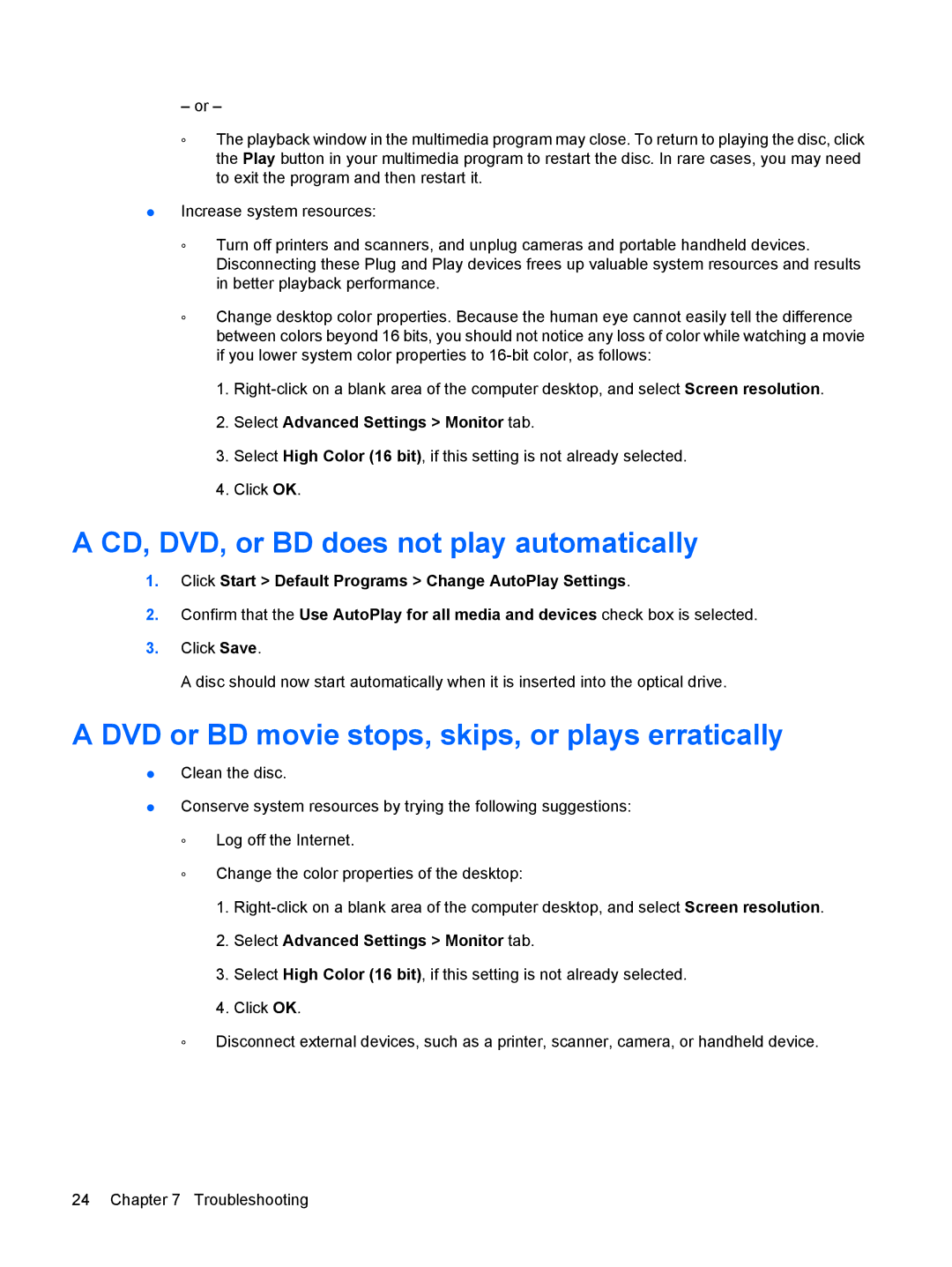 HP DV7-3173NR manual CD, DVD, or BD does not play automatically, DVD or BD movie stops, skips, or plays erratically 