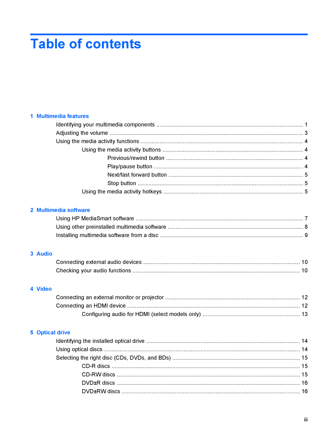 HP DV7-3173NR manual Table of contents 