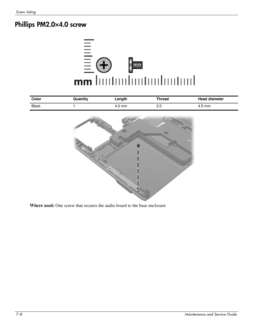 HP dv7-6b56nr A1T84UAR#ABA manual Phillips PM2.0×4.0 screw, Color Quantity Length Thread Head diameter Black 