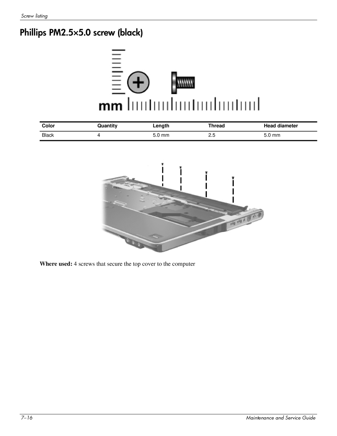 HP dv7-6b56nr A1T84UAR#ABA manual Phillips PM2.5×5.0 screw black, Color Quantity Length Thread Head diameter Black 