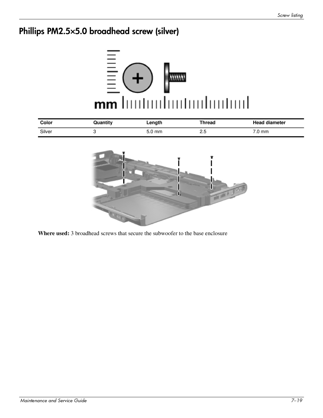 HP dv7-6b56nr A1T84UAR#ABA manual Phillips PM2.5×5.0 broadhead screw silver 