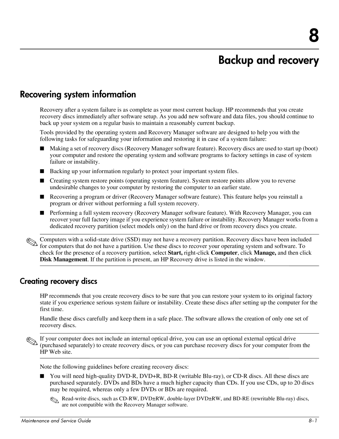 HP dv7-6b56nr A1T84UAR#ABA manual Backup and recovery, Recovering system information, Creating recovery discs 