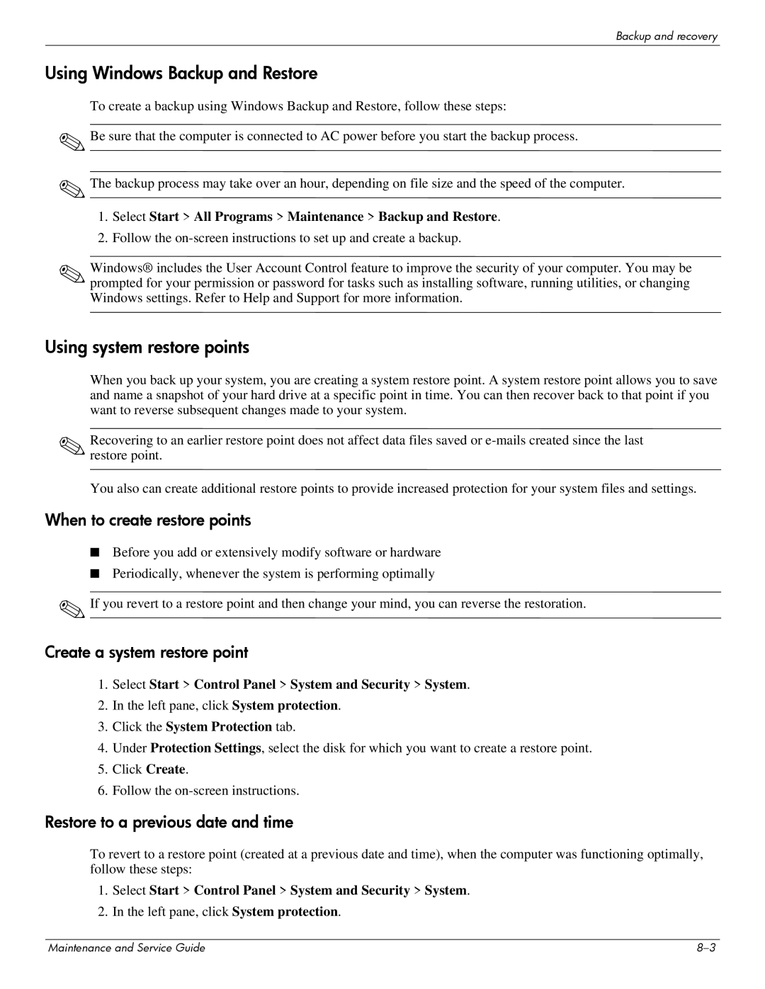 HP dv7-6b56nr A1T84UAR#ABA manual Using Windows Backup and Restore, Using system restore points 