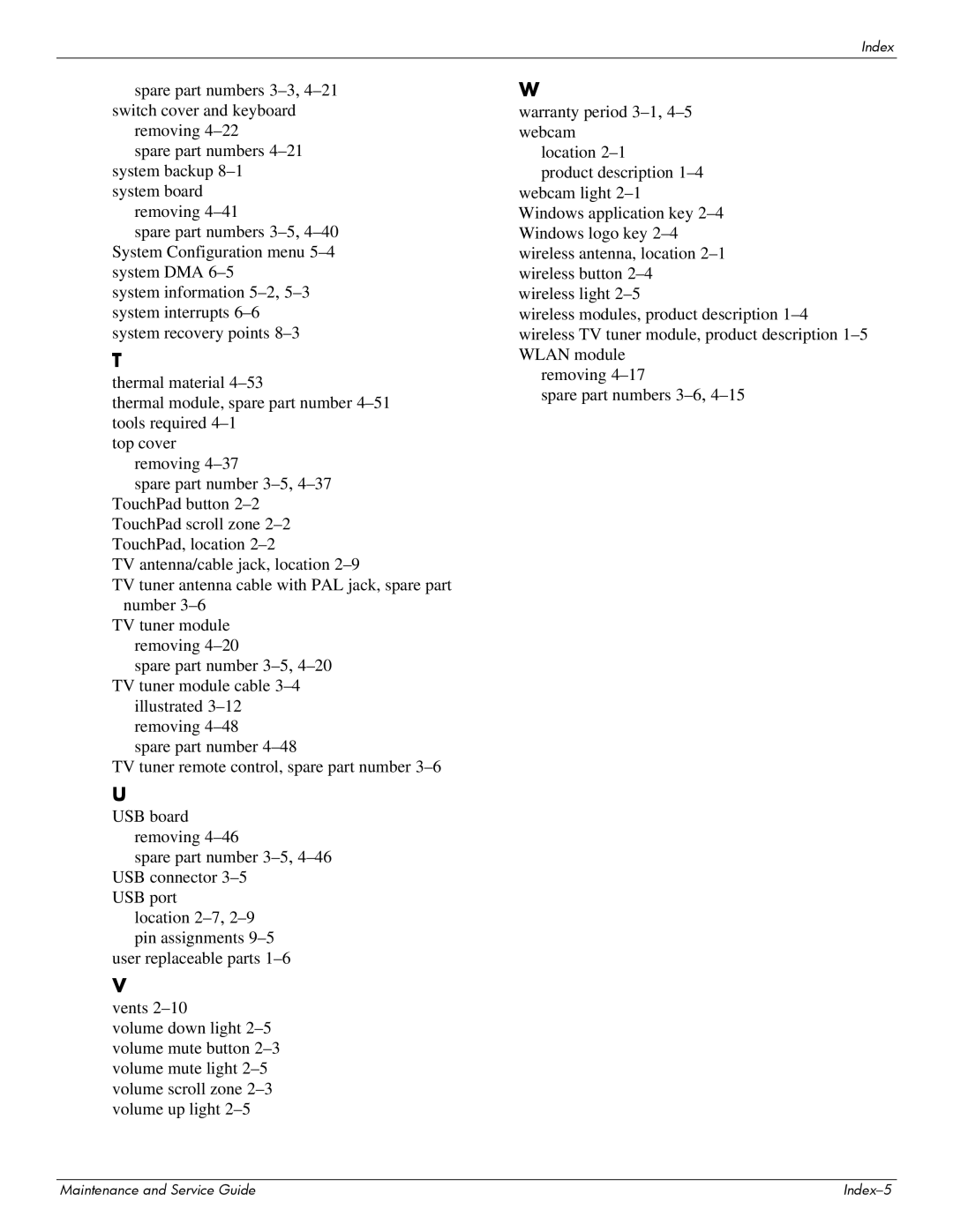 HP dv7-6b56nr A1T84UAR#ABA manual Maintenance and Service Guide Index-5 