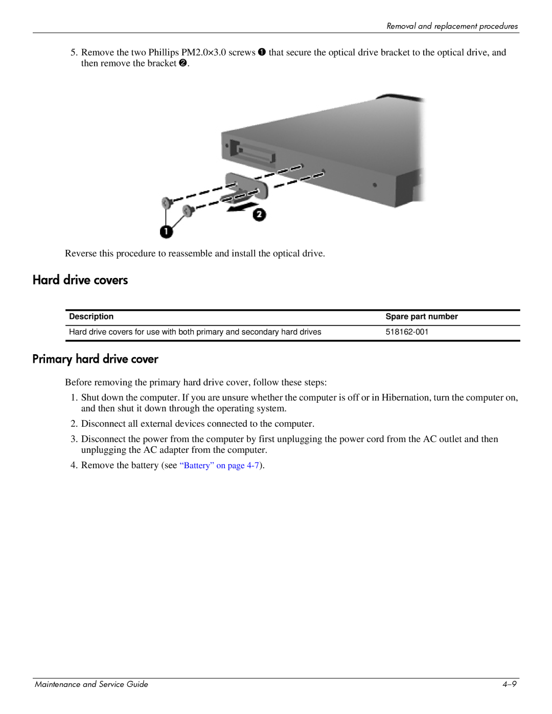 HP dv7-6b56nr A1T84UAR#ABA manual Hard drive covers, Primary hard drive cover 