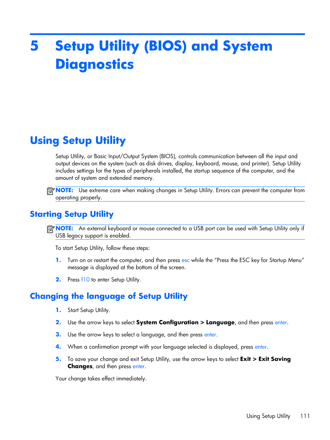 HP DV7 manual Using Setup Utility, Starting Setup Utility, Changing the language of Setup Utility 