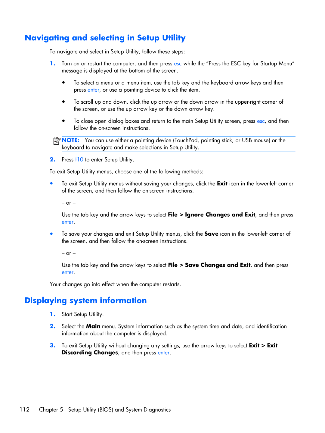 HP DV7 manual Navigating and selecting in Setup Utility, Displaying system information 