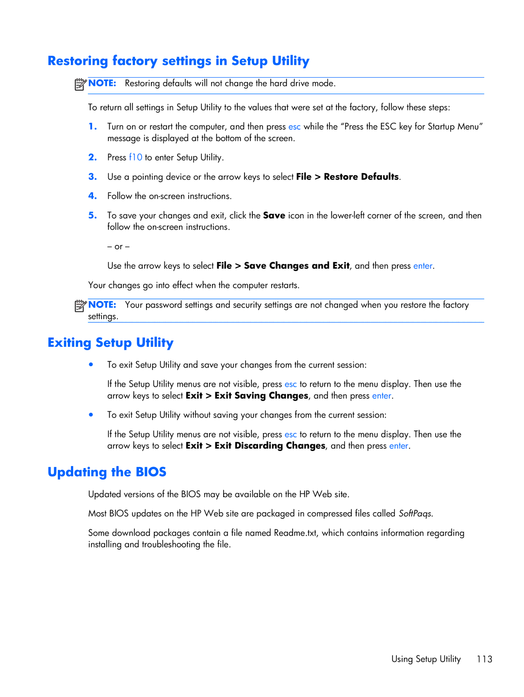 HP DV7 manual Restoring factory settings in Setup Utility, Exiting Setup Utility, Updating the Bios 