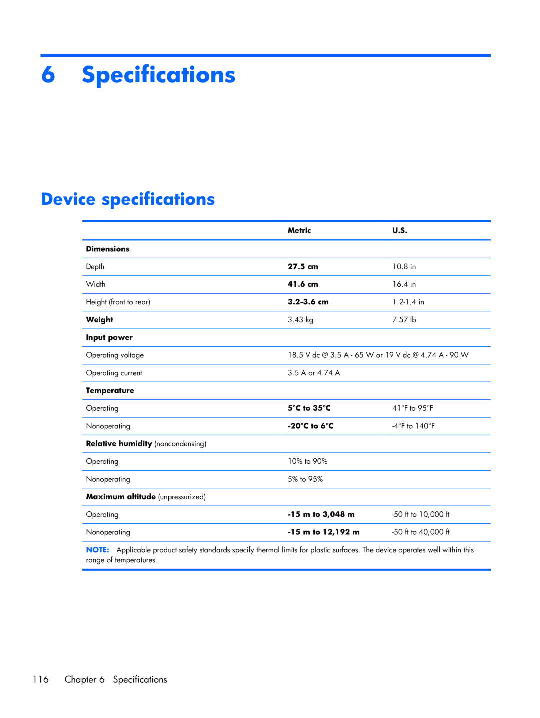 HP DV7 manual Device specifications 