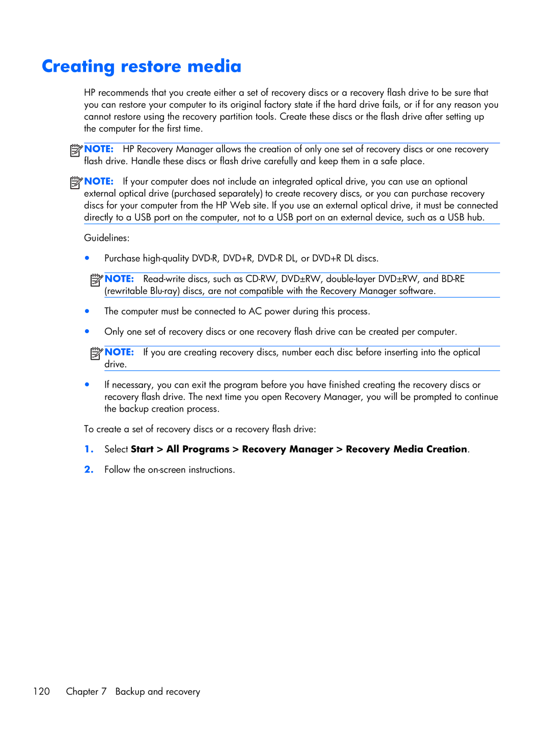 HP DV7 manual Creating restore media 