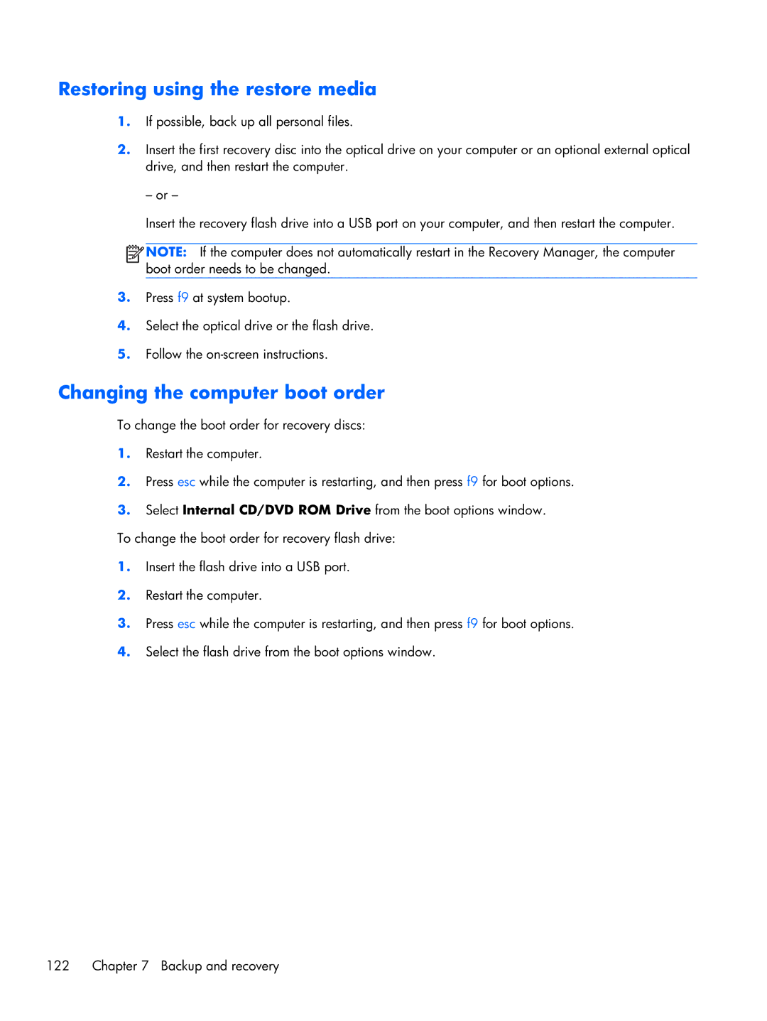 HP DV7 manual Restoring using the restore media, Changing the computer boot order 