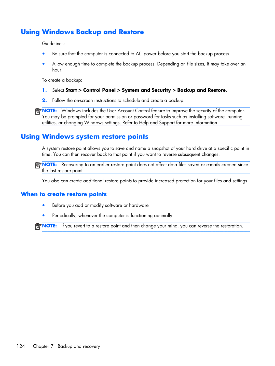 HP DV7 manual Using Windows Backup and Restore, Using Windows system restore points 