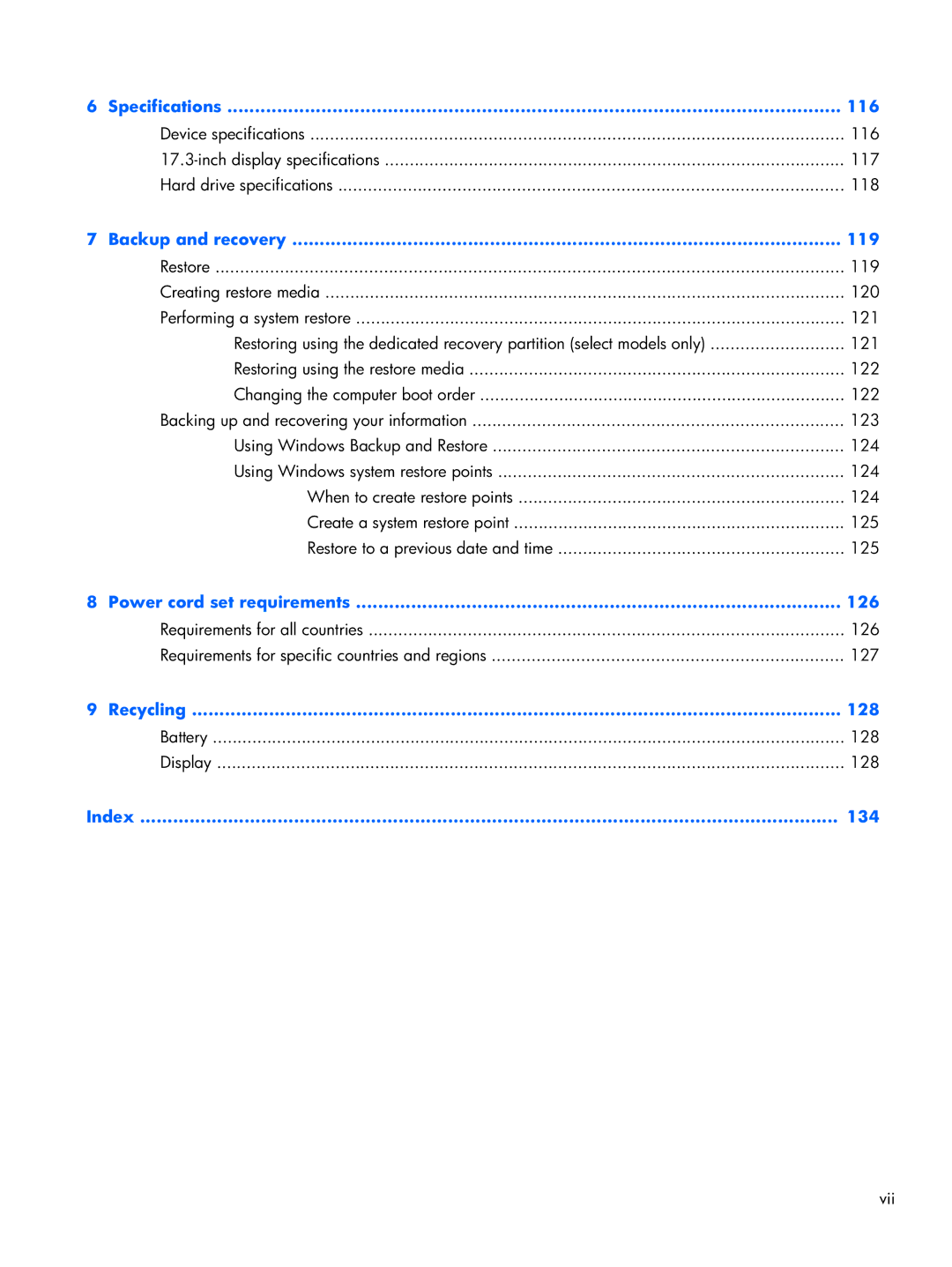 HP DV7 manual Specifications 116 