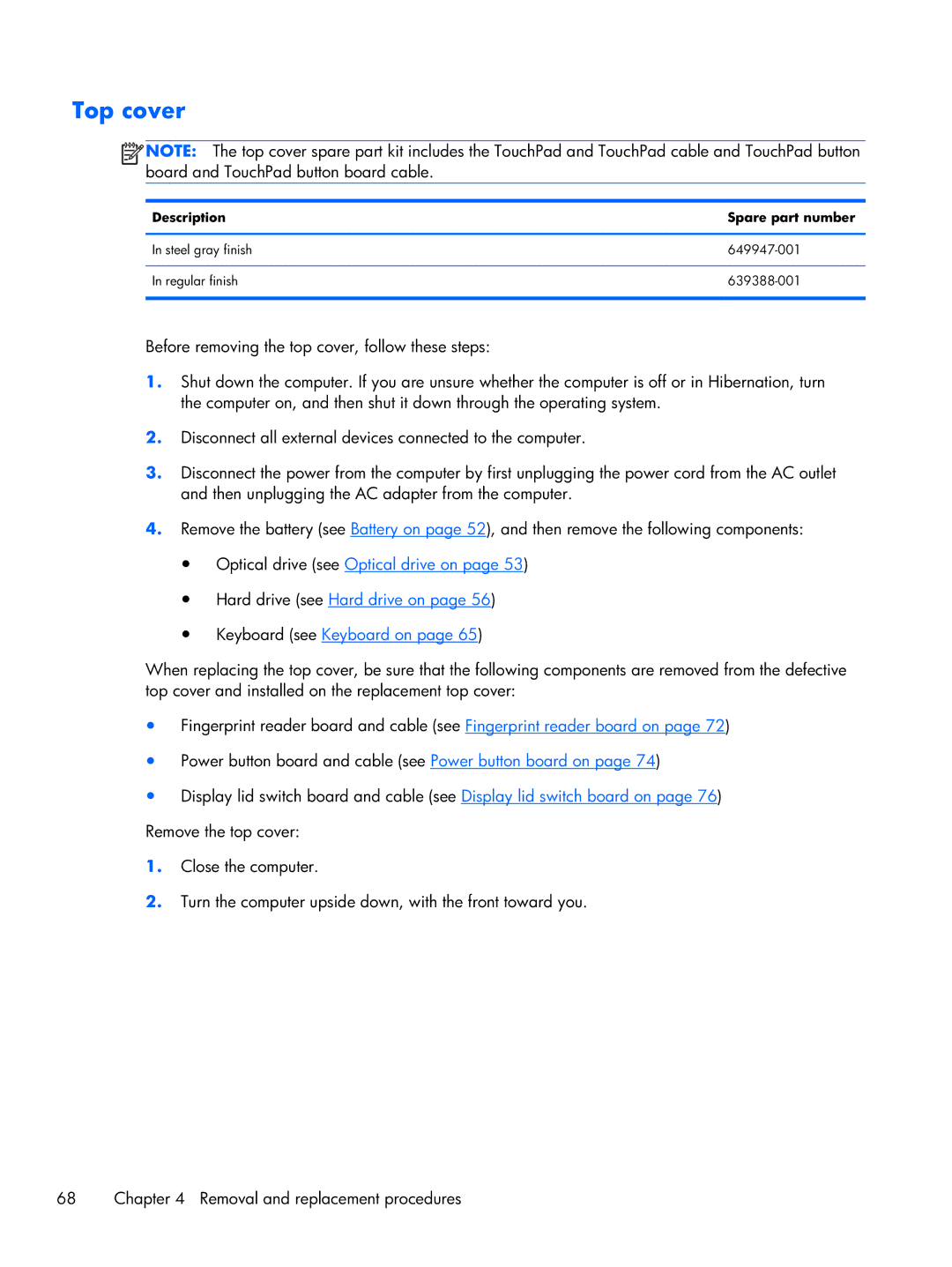 HP DV7 manual Top cover, Description Spare part number 