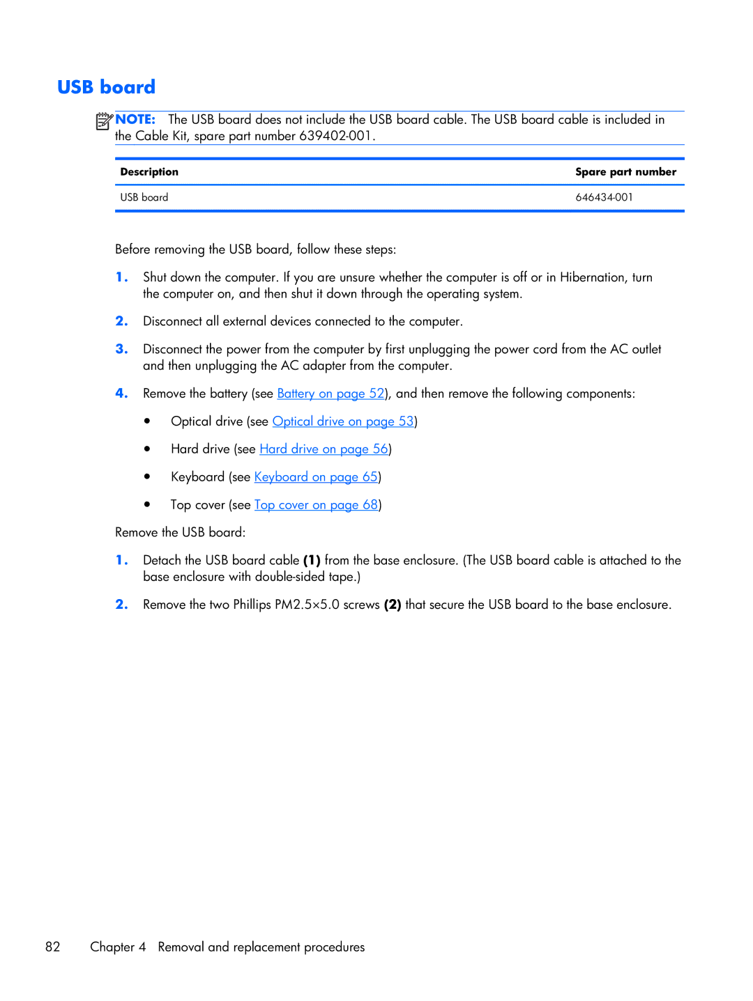 HP DV7 manual Description Spare part number USB board 646434-001 