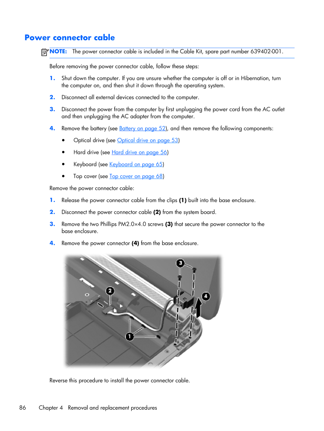 HP DV7 manual Power connector cable 