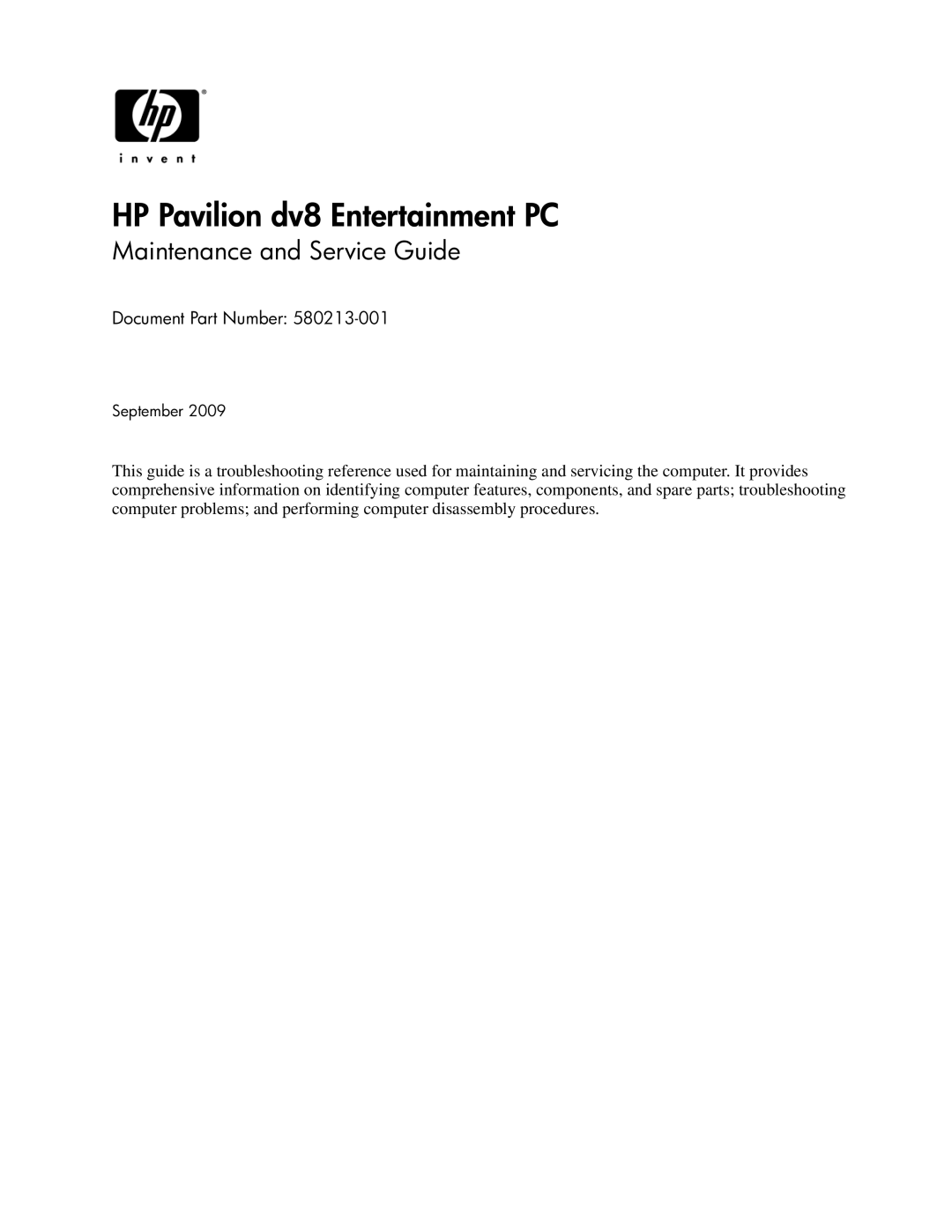 HP DV8 manual HP Pavilion dv8 Entertainment PC, Maintenance and Service Guide 