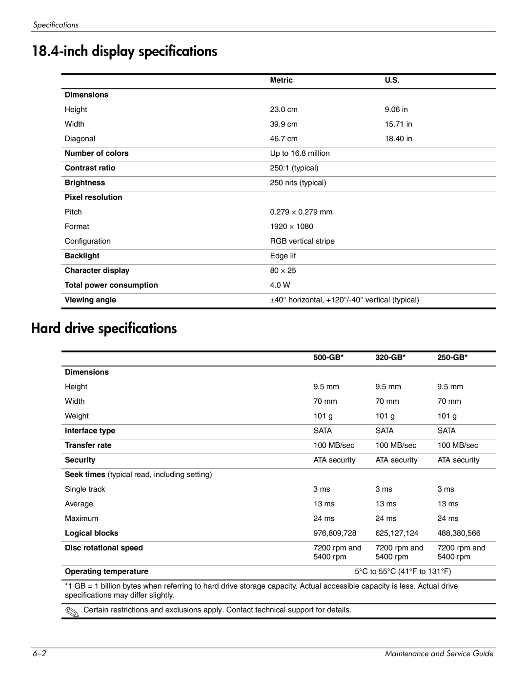 HP DV8 manual Inch display specifications, Hard drive specifications 