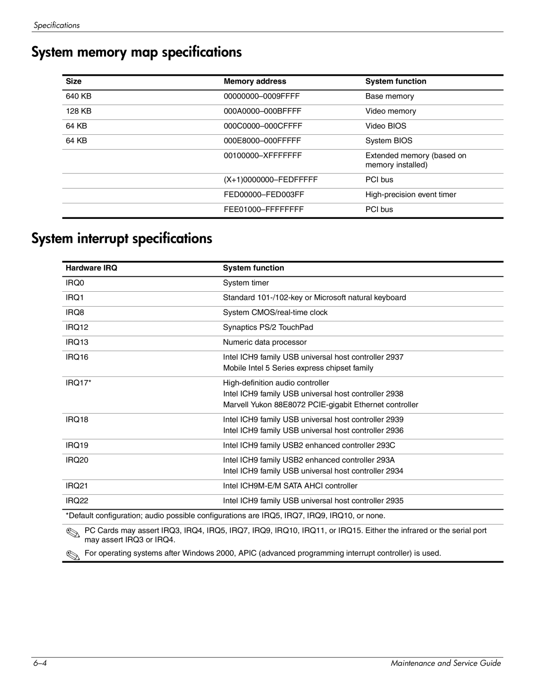 HP DV8 manual System memory map specifications, System interrupt specifications, Size Memory address System function 