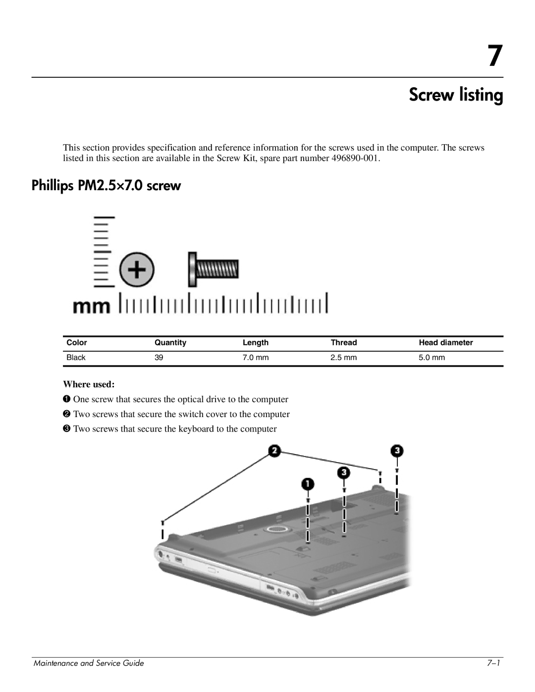 HP DV8 manual Screw listing, Phillips PM2.5×7.0 screw, Color Quantity Length Thread Head diameter Black 