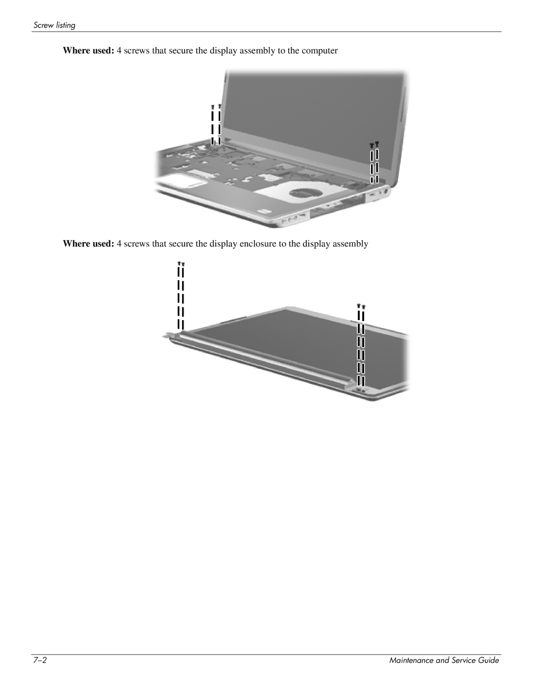 HP DV8 manual Screw listing 