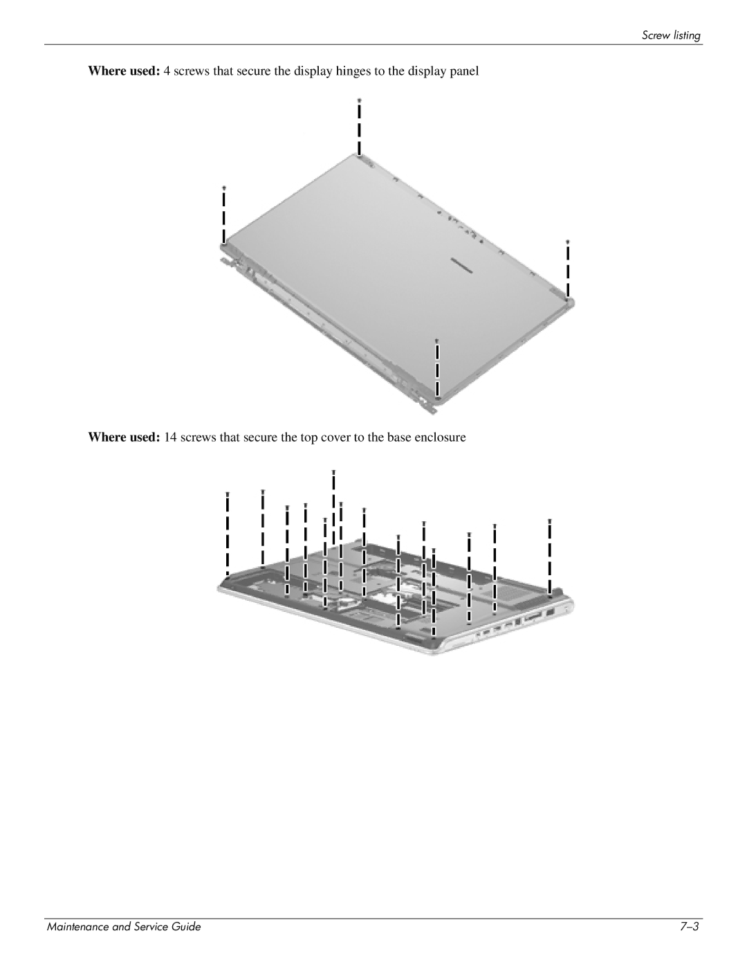 HP DV8 manual Screw listing 