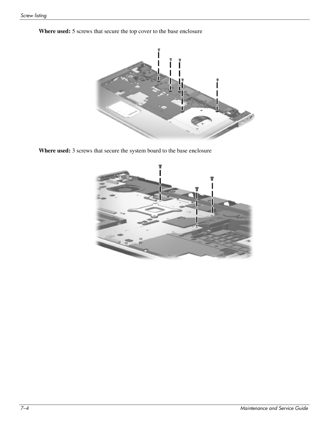 HP DV8 manual Screw listing 