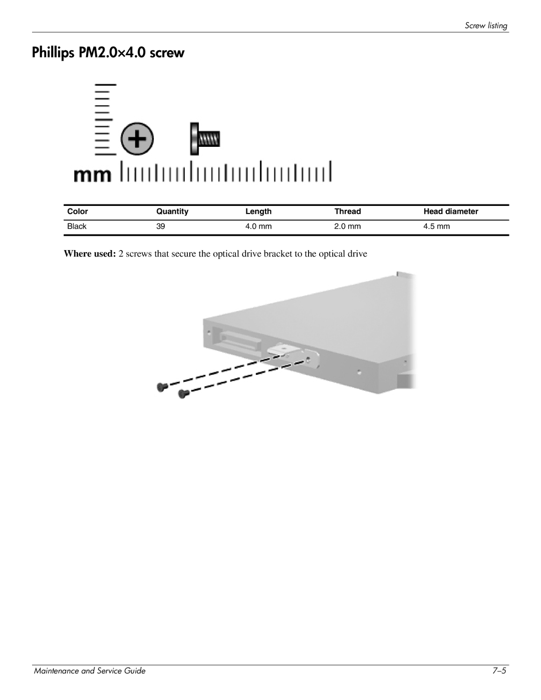 HP DV8 manual Phillips PM2.0×4.0 screw, Color Quantity Length Thread Head diameter Black 